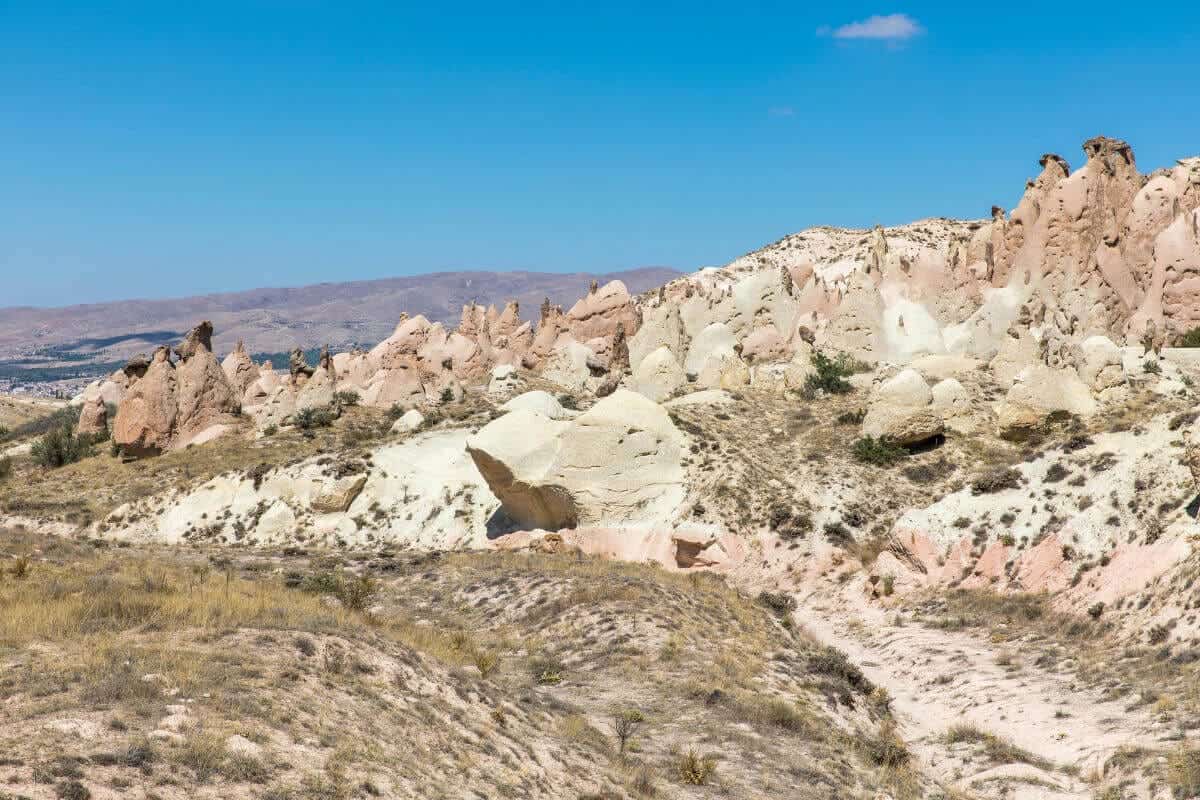 Whimsical rock formations in Devrent Valley, Cappadocia resembling animals and figures under a clear blue sky.