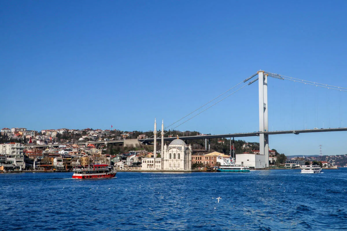Ortaköy Mosque Istanbul beside Bosphorus Bridge with waterfront view, historic Ottoman architecture and blue water skyline