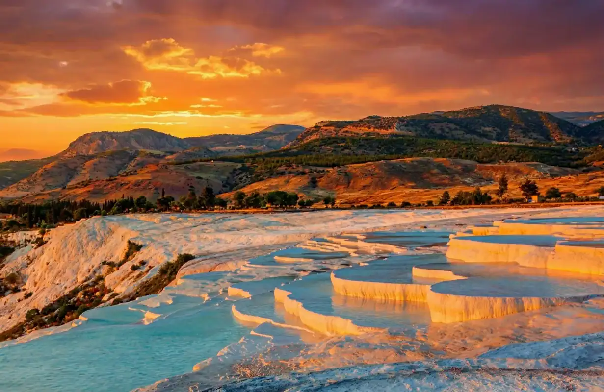 A vibrant sunset casts golden and orange light over the white travertine thermal pools of Pamukkale, Turkey, with tiered turquoise water basins filling the landscape against rugged mountains.