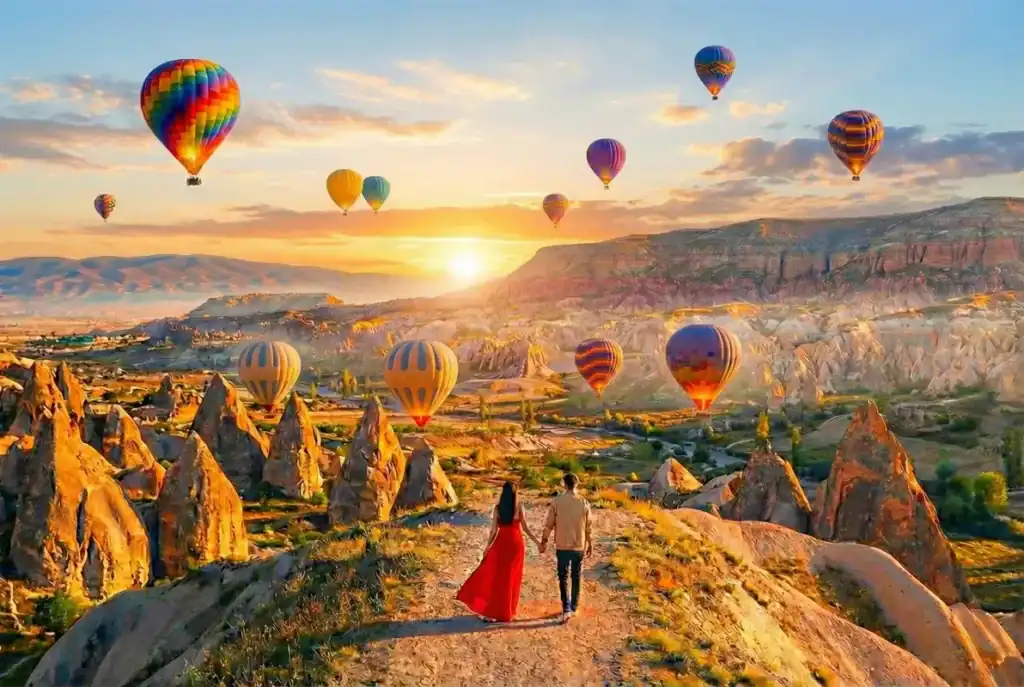 A couple holding hands walks along a panoramic trail at sunrise, looking out over the unique rock formations of Cappadocia, Turkey, as dozens of colorful hot air balloons float in the golden sky.