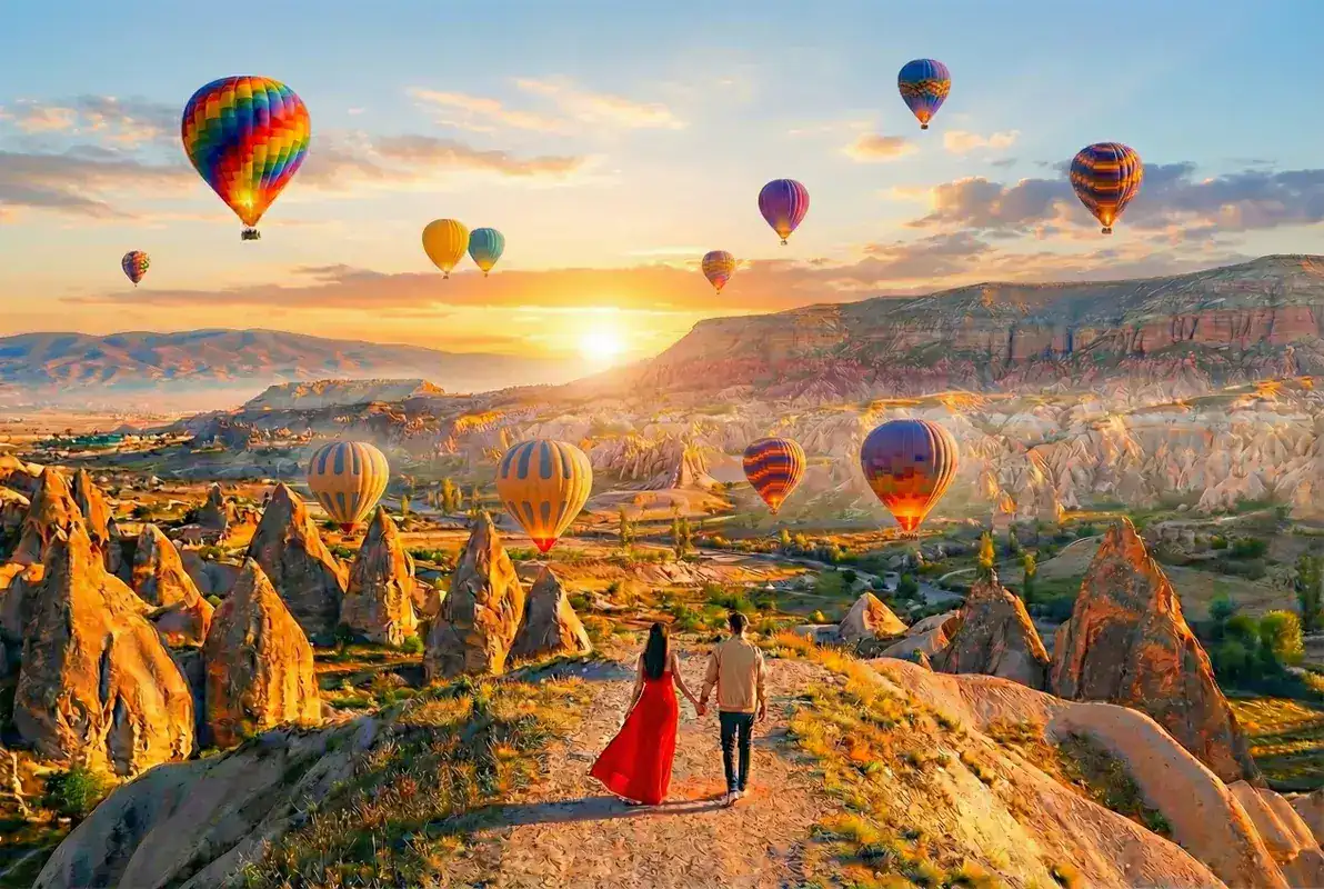 A couple holding hands walks along a panoramic trail at sunrise, looking out over the unique rock formations of Cappadocia, Turkey, as dozens of colorful hot air balloons float in the golden sky.