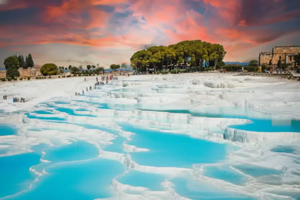 Vista panorámica de las piscinas de travertino blanco de Pamukkale bajo un cielo dramático al atardecer, un destino destacado en el tour de 4 días por Turquía.